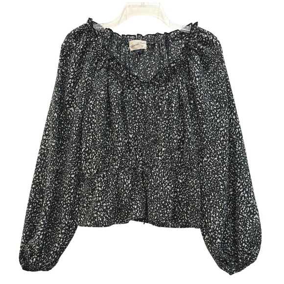 Universal Thread Tops - Universal Thread Black White Abstract Print Ruffle Neck Peplum Blouse Medium